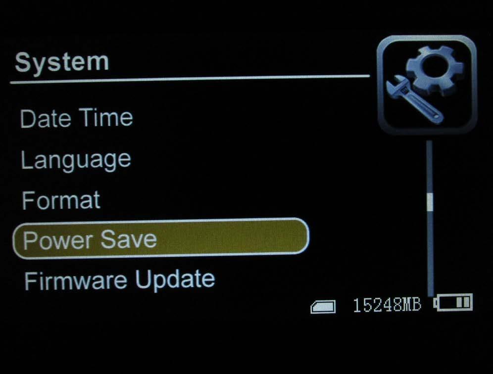 POWER SAVE Use the POWER SAVE options to maximize battery life. Highlight POWER SAVE, and press Enter.