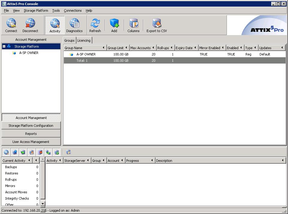 Once connected, the SP Console opens in Account Management view by default.