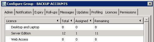 The number of licences assigned to the Backup Group will display in the Total column on the Licences tab in the Configure Group dialog box.