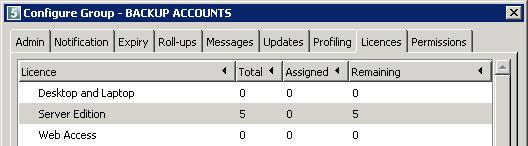 The number of licences added to the Backup Group will display in the Total column on the Licences tab in the Configure Group