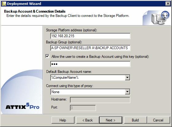 Step 2 of 11: Specify the Backup Account and connection details 1. Specify the correct Storage Platform and Backup Group details.