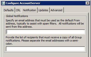 Notification tab The AccountServer can send system wide notifications to a list of specified email addresses.