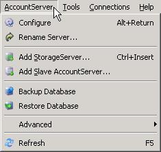 AccountServer menu (Storage Platform Configuration view) When AccountServer is selected in the Storage Platform Configuration tree, the AccountServer menu is available on the menu bar.