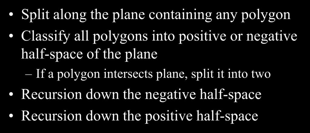 Polygons: BSP Tree Construction Split along the plane containing any polygon Classify all polygons into positive or negative half-space