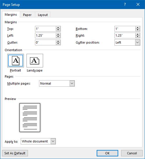 Gutter margin Set margins If you need to reserve space for binding or punching the sheets, you can set a value in the Gutter input field, for example, 1".