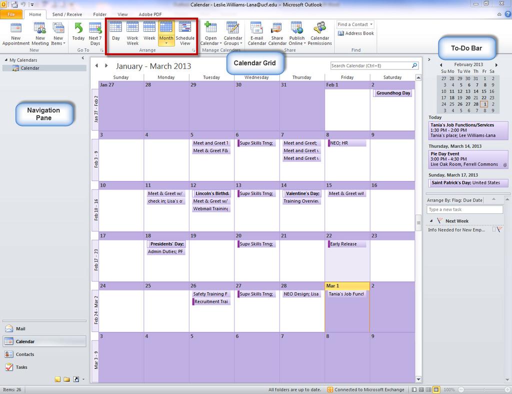 The Outlook Calendar The calendar is divided into three sections: The Navigation Pane The Calendar Grid The To-Do Bar The calendar may be viewed in several formats.