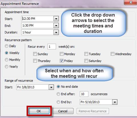 Set up a Recurring Meeting 1. Follow instructions 1-8 to Create a Meeting (see page 5). 2. In the Options section on the Meeting tab, click Recurrence.