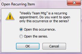 Click Open this occurrence to cancel only the date you selected, or Open the series to cancel all