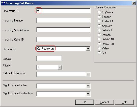 22. In the Incoming Call Route window that appears, set the Line Group ID to 0 (or the desired number), set