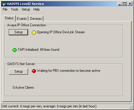 3. In the OAISYS Level2 Service window that appears, TAPI Initialized: xx lines found will indicate a green status if the Avaya IP Office TAPI Service Provider was