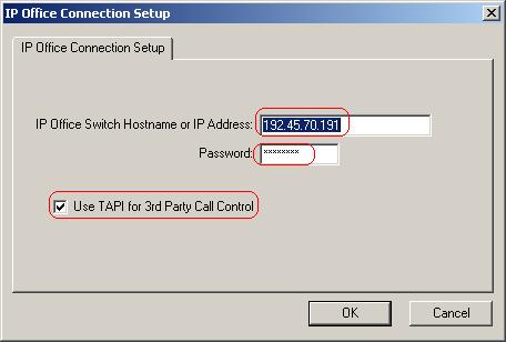 4. In the IP Office Connection Setup window that appears, set IP Office Switch Hostname or IP Address to the IP Address of the IP Office, set Password to the IP