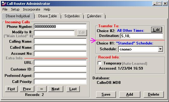 8. In the Call Router Administrator window, set Phone Number to 0000000000, set Destination to S,10, (click Edit to do so), click Add. To save the configuration, click Save. 4.5.