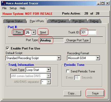 4. In the Pgm Vports tab of the Voice Assistant Tracer window, set Trunk ID to the Line number that corresponds to the trunk port and click Prev or Next as appropriate.
