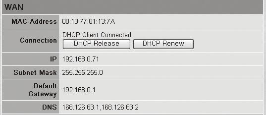 When the connection is set up successfully, a message <DHCP Client Connected> will be displayed, and an address will be displayed for the WAN (Internet) IP. 6.
