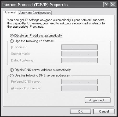 7. Select <Obtain an IP address automatically> and <Obtain DNS server address
