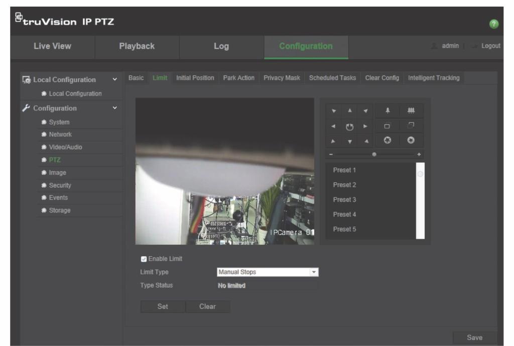 2. Click the Enable Limit checkbox to enable the limit function. 3. Click the Set button and use the PTZ control panel to set the limits of the camera movement.