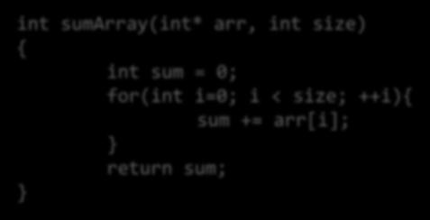 int sumarray(int arr[], int size) { int sum = 0; for(int i=0; i < size; ++i){ sum += arr[i]; return sum;
