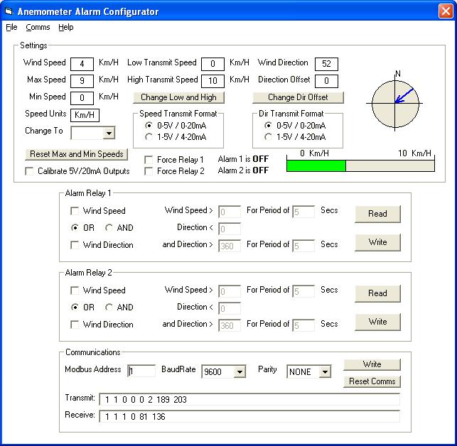 Figure 2 - Configuration Software Wind Speed Maximum and Minimum Speed Units Wind Direction Wind Speed Alarm 1 Settings Alarm 2 Settings Communications Settings and Status Analog Re-Transmission The