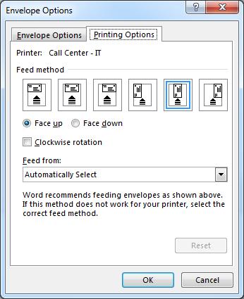 Choosing the Printing Options The way the envelope is placed on the manual feed tray in the printer can be selected. Click on Options. Click on the Printing Options tab.