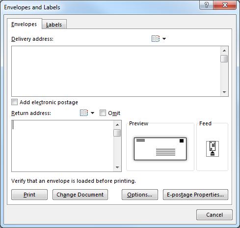 Changing the Envelope in a Document The envelope attached to a document can be changed. In the Create group, click on Envelopes. Click on the Envelopes tab. Click on Options.