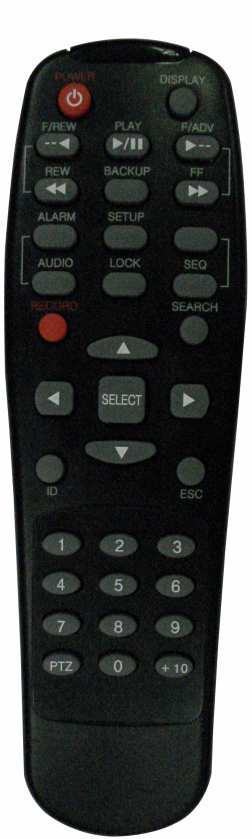 Remote control 4/8ch 16ch RECORD Manual recording Display of Full, Quad, 9 or 16 split DISPLAY screen F/REW Jump 60 seconds backward PLAY/PAUSE Play/Pause F/ADV Jump 60 seconds forward REW Rewind