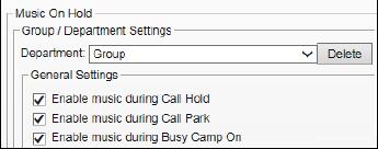 Select the Group or Department. Note: A Department must be established in order to customize or disable Music on Hold. 3. Uncheck Enable music during Call Hold. 4.