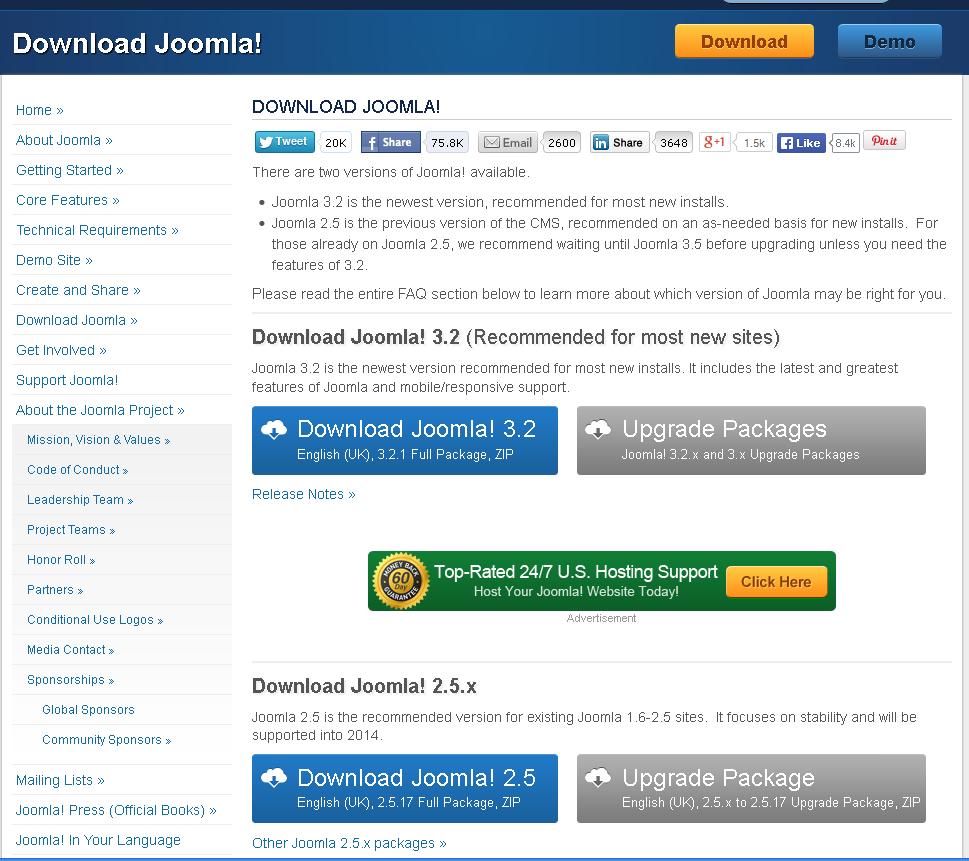 Bagi pemasangan Joomla! baru sila pilih untuk memuat-turun versi Joomla! 3.2.