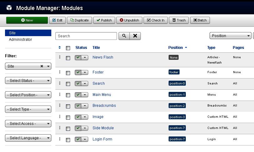 Membina Laman Web Menggunakan Joomla! A B Rajah 42 Paparan Pengurus Modules Rajah 42 menunjukkan skrin Pengurus Modules yang berfungsi dalam menguruskan modul Joomla!