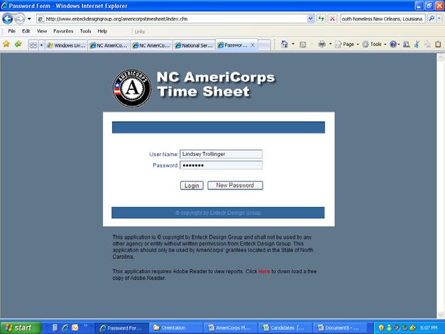 You should see the AmeriCorps logo and NC AmeriCorps Time Sheet at the top of the page.