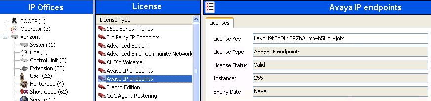Click License in the Navigation pane and Avaya IP endpoints in the Group pane. Confirm a valid license with sufficient Instances in the Details pane.
