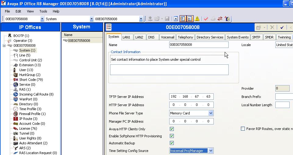 The following screen shows a portion of the System tab. The Name field can be used for a descriptive name of the system.