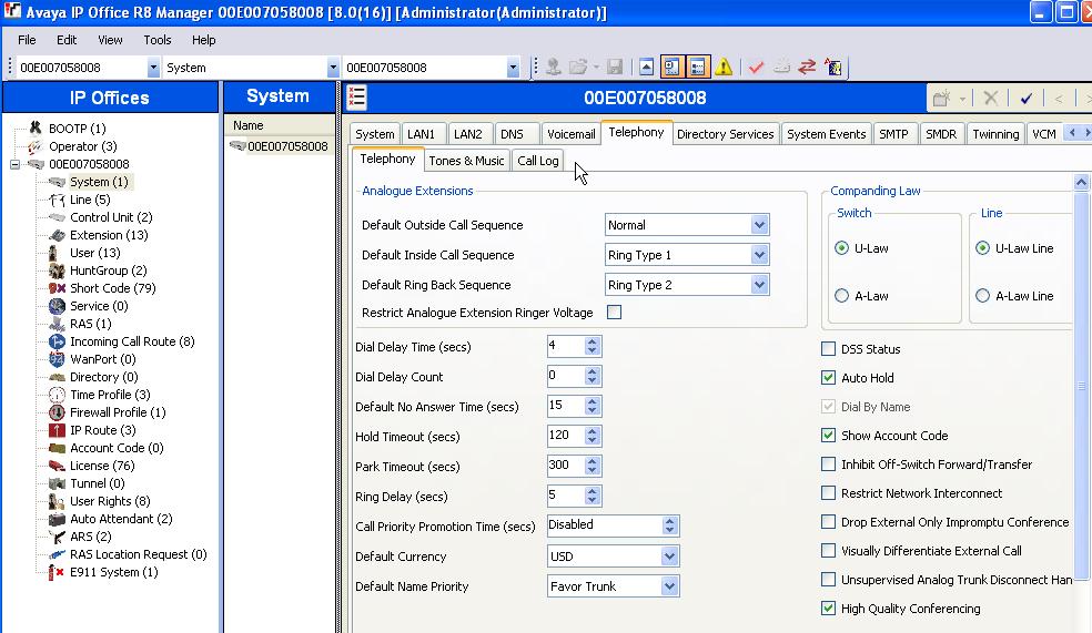 5.3.5. System Telephony Configuration To view or change telephony settings, select the Telephony tab and Telephony sub-tab as shown in the following screen.