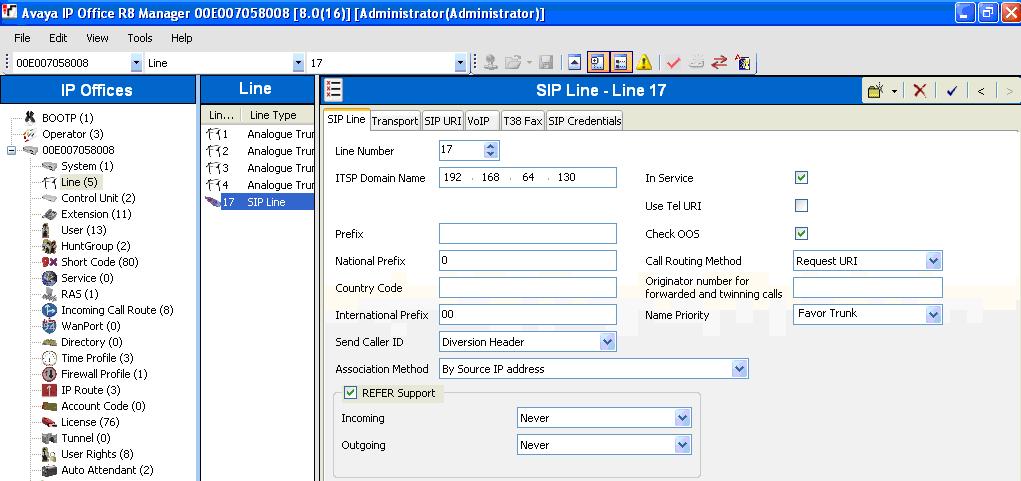 5.4. SIP Line The SIP Line tab in the Details pane is shown below for Line Number 17, used for the AT&T SIP Trunk.