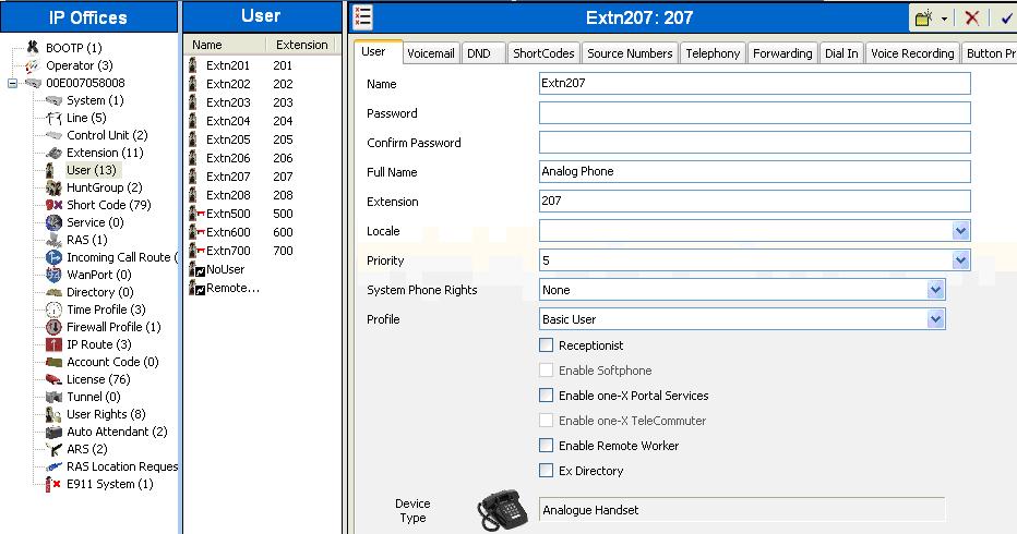 select User in the Navigation pane, and select the appropriate user to be configured in the Group pane. 5.5.1. Analog User Extn207 The following screen shows the User tab for User Extn207.