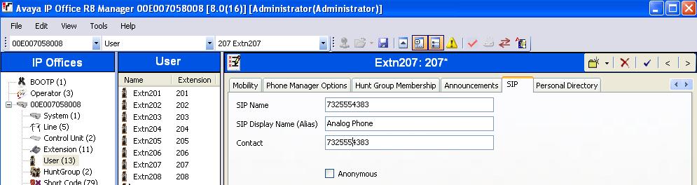 The following screen shows the Extension information for this user. To view, select Extension from the Navigation pane, and the appropriate extension from the Group pane (e.g., 20