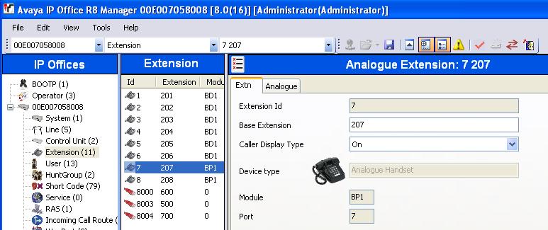 Alternatively edit an existing extension by selecting an extension in the Group pane. The following screen shows a 1608 IP Telephone provisioned in the User tab for User Extn500.