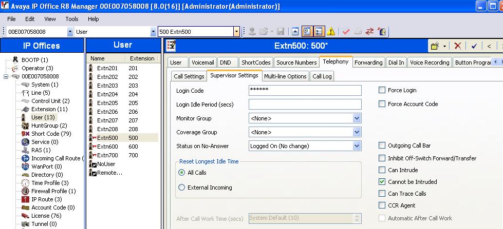 Select the Telephony Supervisor Settings tab as shown below. The Login Code will be used by the telephone user as the phone login password.