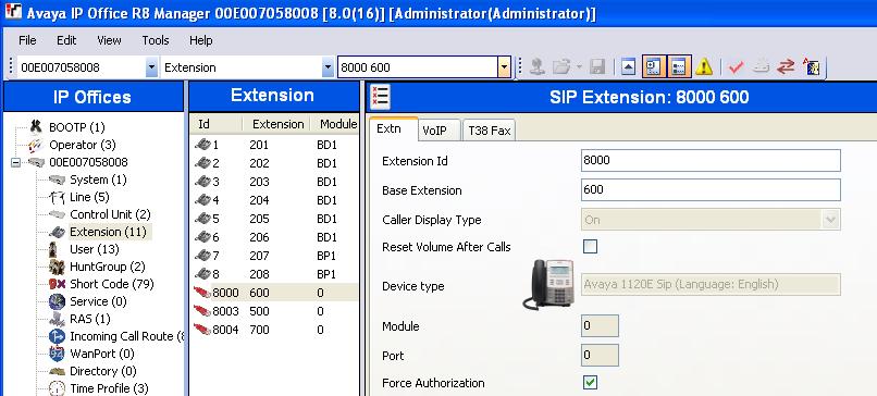 The following screen shows the Extn tab for the extension corresponding to an Avaya 1120E. The Extension ID is automatically assigned by IP Office (e.g., 8000).