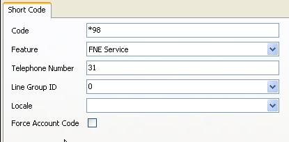 In this case, the Code *98 is defined for Feature FNE Service and Telephone Number 31 for the IP Office Mobility feature Mobile Call Control (note that 31 is predefined in IP Office for this feature).