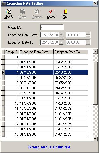 5. Exception Date Setting This function is used to set restrict access during periods such as holidays, facility shutdowns, vacations. 1. Select the window from the Settings Menu. 2.