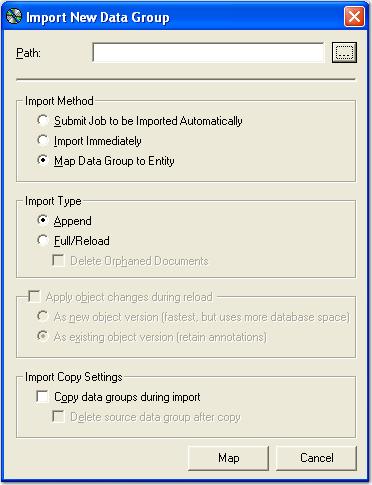 Chapter 4 Entity Administration To manually import a data group: 1. In the Data Groups screen, click the Import Data Group icon.