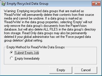 Chapter 4 Entity Administration To empty the Recycle Bin 1. In the Data Groups screen, right-click the purged data group for which you want to empty the Recycle Bin, and click Empty from Recycle Bin.