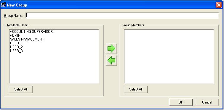 Chapter 4 Entity Administration 2. Click the New icon. The New Group screen appears. New Group 3. Enter the Group Name. 4. From the Available Users list, select the users who will comprise the new group, and then click the right arrow to move them to the Group Members list.