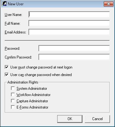 Chapter 4 Entity Administration 2. Click the New icon. The New User dialog box appears. New User 3. Enter the User Name that will be used to log in to PaperVision Enterprise. 4. Enter the user s Full Name (optional).