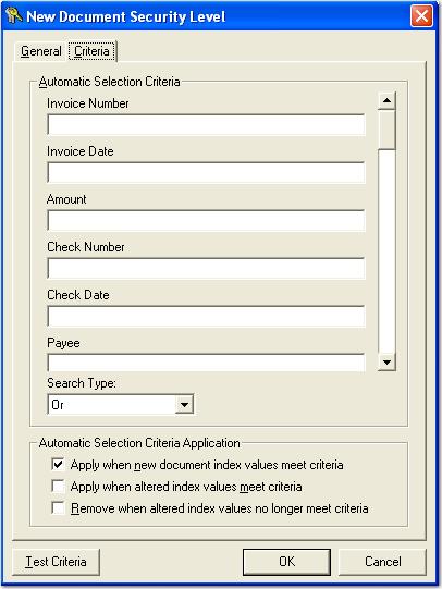 Chapter 5 Project Administration 5. To define specific criteria (optional), select the Criteria tab. The New Document Security Level - Criteria dialog box appears.