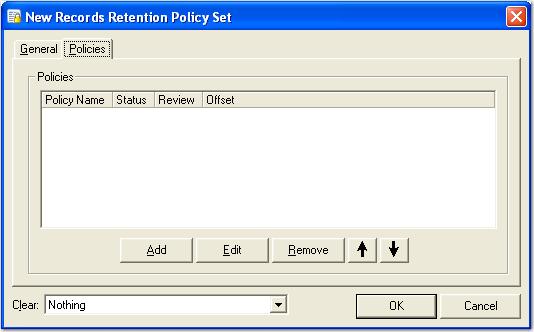 Chapter 6 Records Retention 6. Select the Policies tab. The New Records Retention Policy Set - Policies dialog box appears.