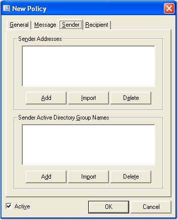 Chapter 7 Message Capture Sender Settings Sender settings allow you to add, import, and delete sender addresses and Active Directory group names.