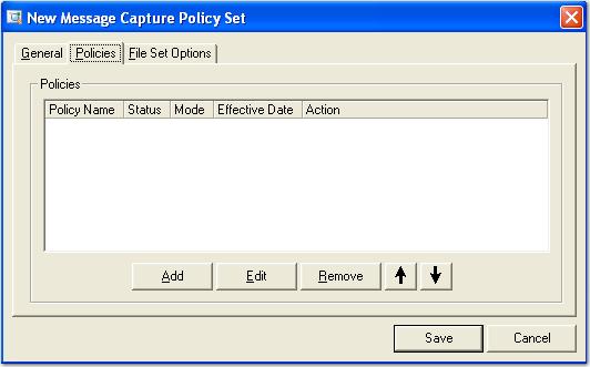 Chapter 7 Message Capture 5. Select the Policies tab. The Message Capture Policy Set - Policies dialog box appears.