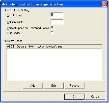 Chapter 9 Report Management Custom Control Codes This page detection method provides for the identification of a single character or a string of characters that are located within a defined column