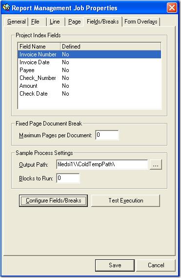Chapter 9 Report Management 12. Select the Fields/Breaks tab. The Report Management Job Fields/Breaks dialog box appears. For descriptions of each setting, see the section on Page settings.